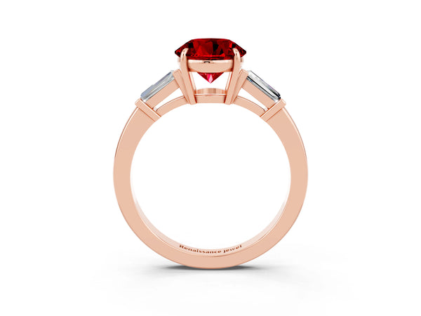 Rose gold Round Cut Cut Diamond Ring with Tapered Baguette Side Stones in Four-Prong Setting