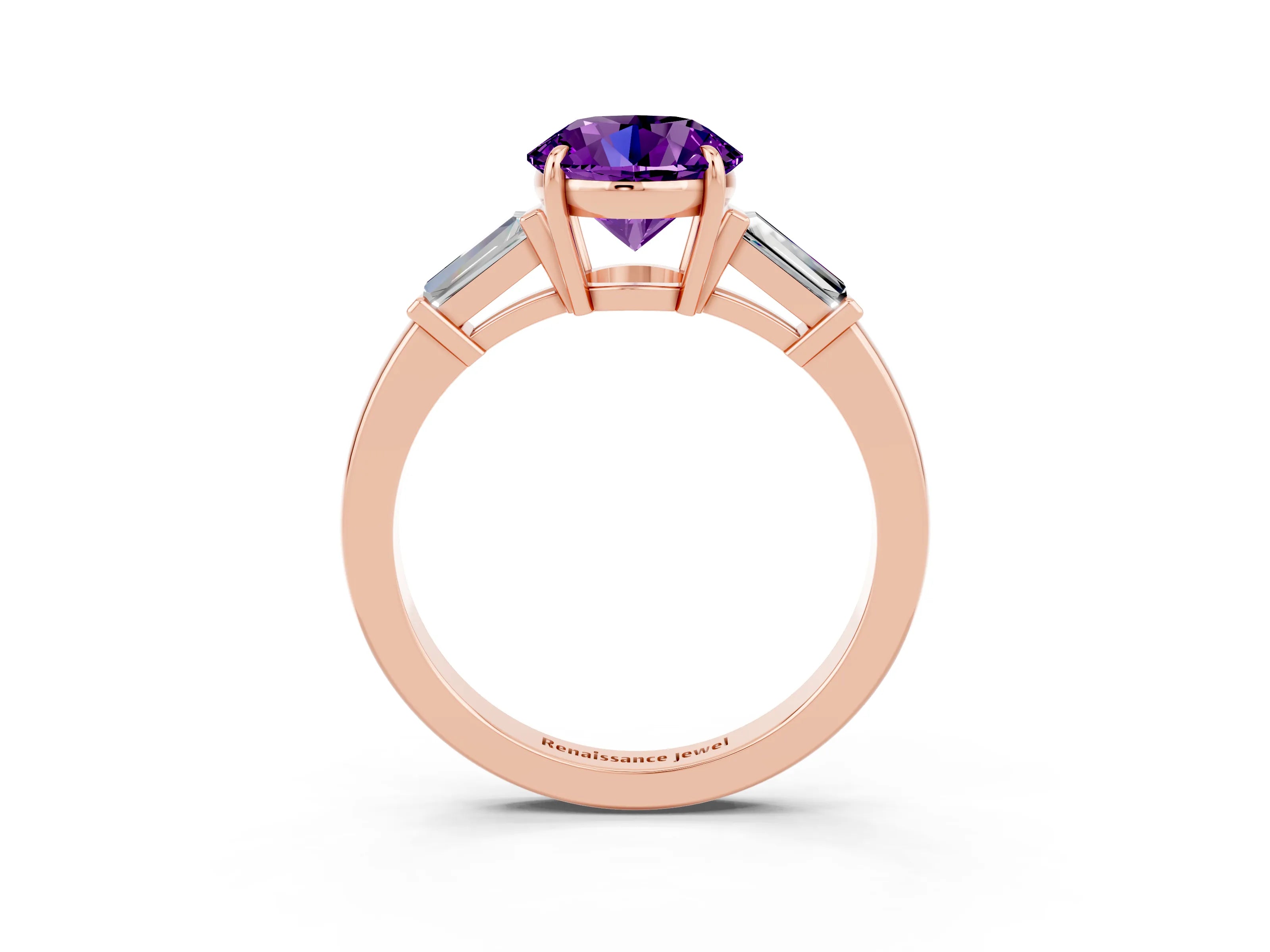 Rose gold Round Cut Cut Diamond Ring with Tapered Baguette Side Stones in Four-Prong Setting_3