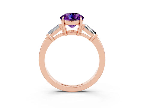 Rose gold Round Cut Cut Diamond Ring with Tapered Baguette Side Stones in Four-Prong Setting_3