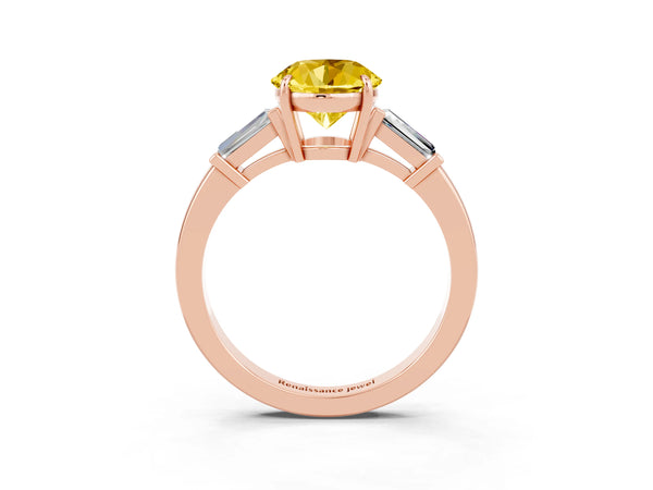 Rose gold Round Cut Yellow Sapphire Three-Stone Ring with Tapered Baguette Side Stones and Prong Setting