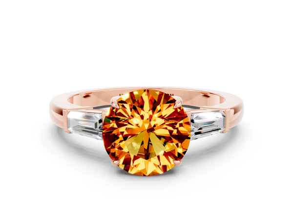 Rose gold Round Cut Citrine Three-Stone Ring with Tapered Baguette Side Stones and Prong Setting