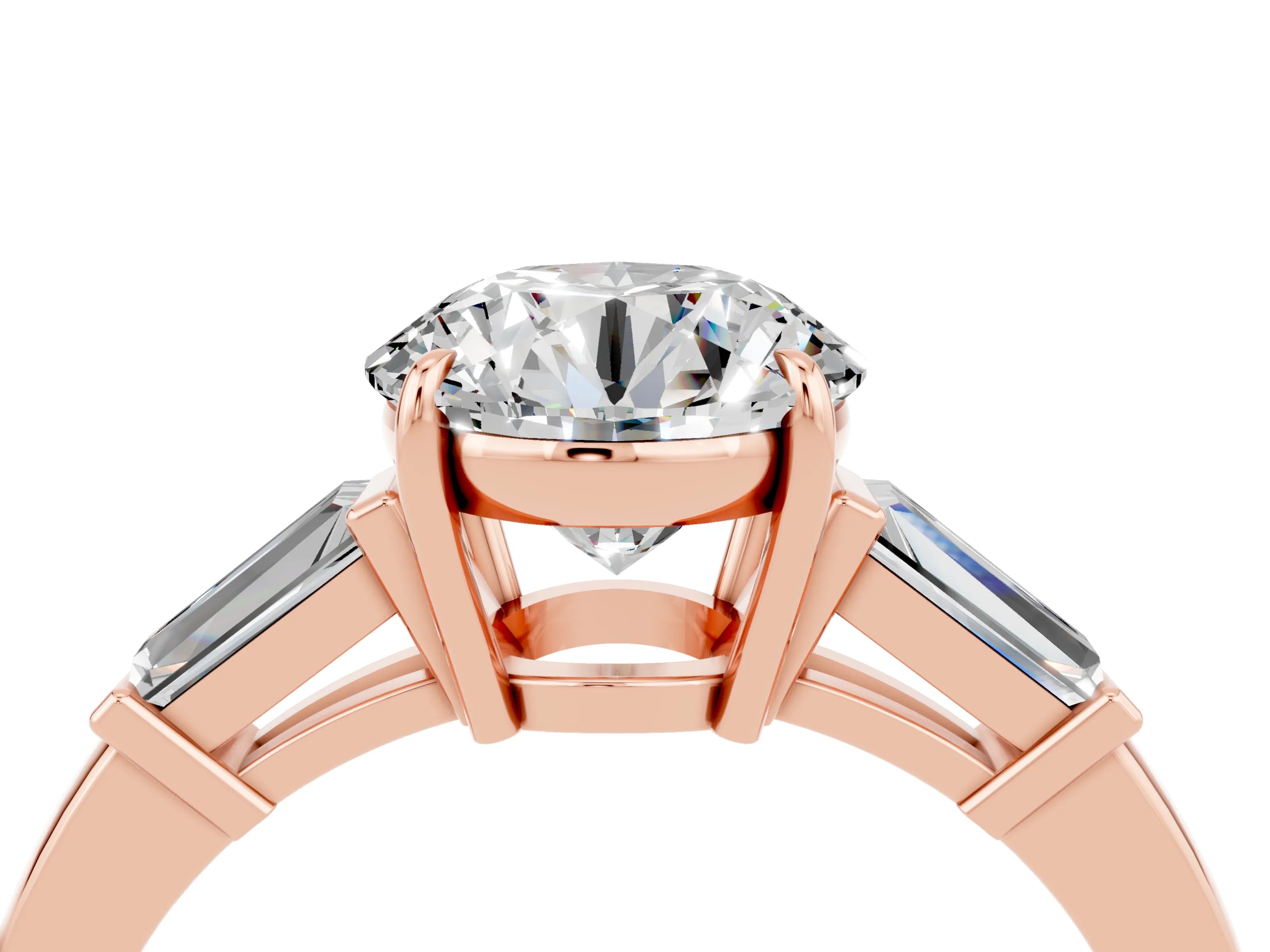 Rose gold Round Cut Cut Diamond Ring with Tapered Baguette Side Stones in Four-Prong Setting_4
