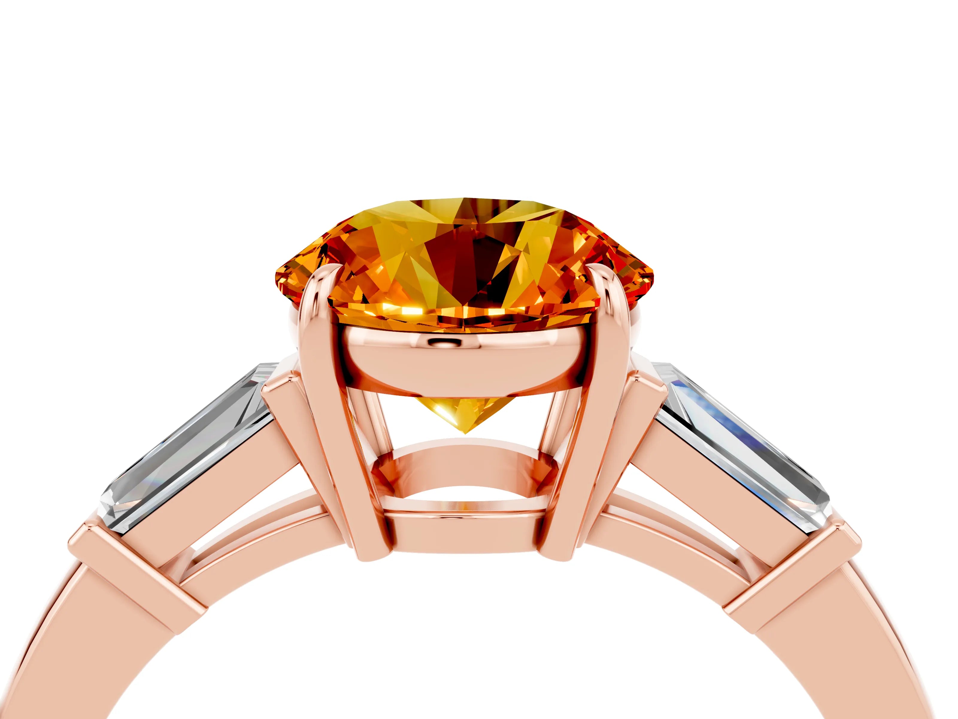 Rose gold Round Cut Cut Diamond Ring with Tapered Baguette Side Stones in Four-Prong Setting_4
