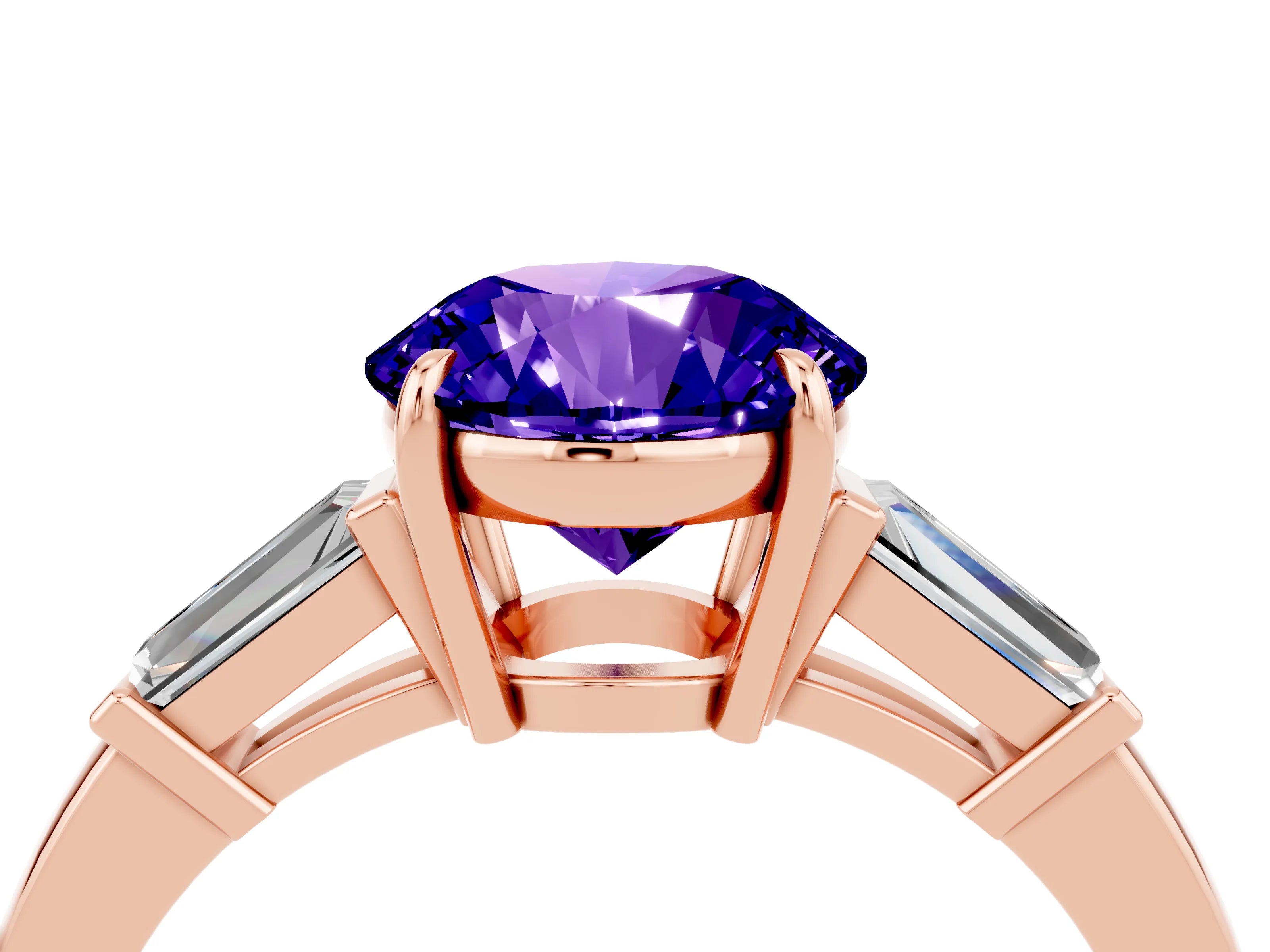 Rose gold Round Cut Cut Diamond Ring with Tapered Baguette Side Stones in Four-Prong Setting_4