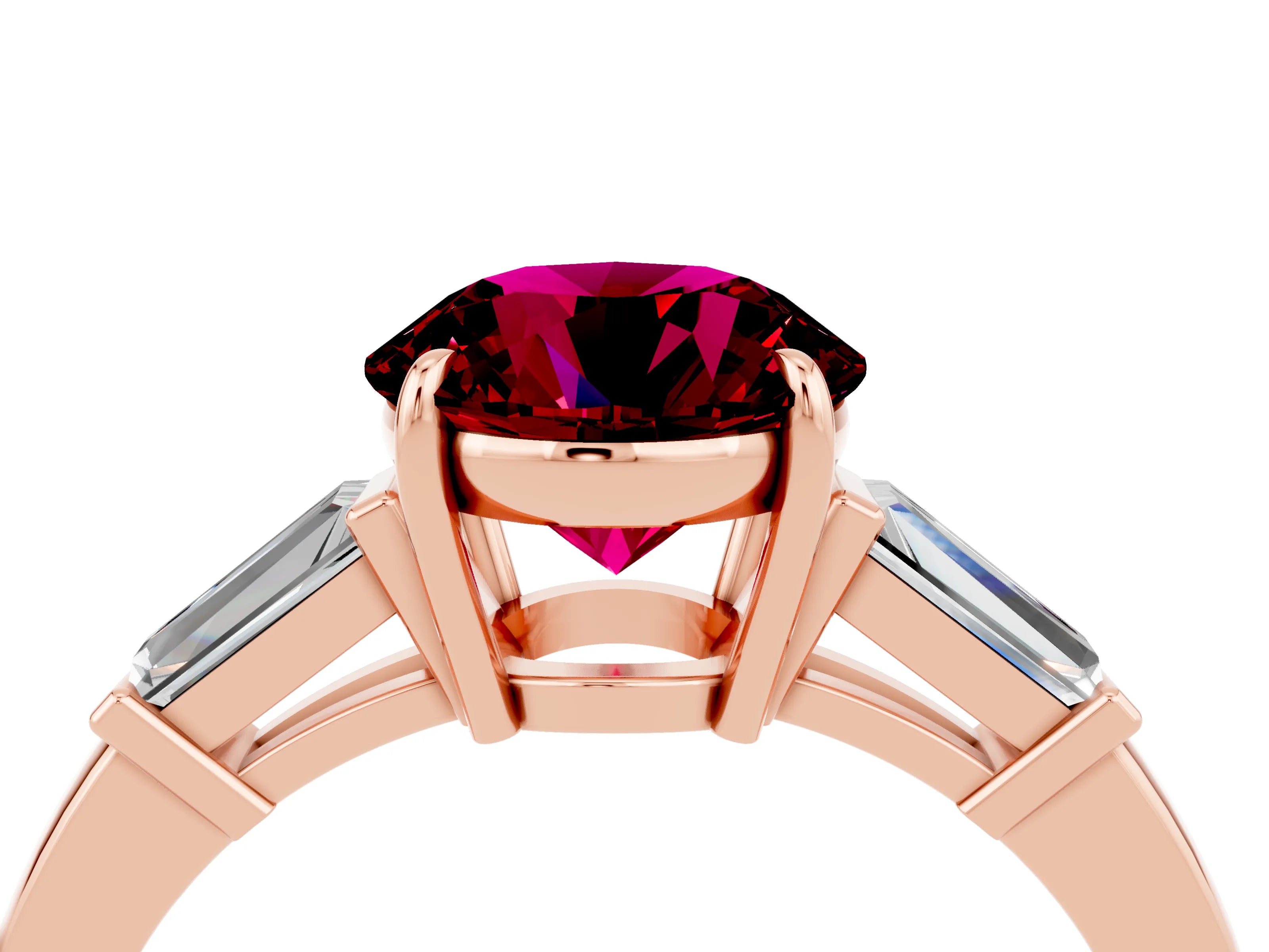 Rose gold Round Cut Cut Diamond Ring with Tapered Baguette Side Stones in Four-Prong Setting_4