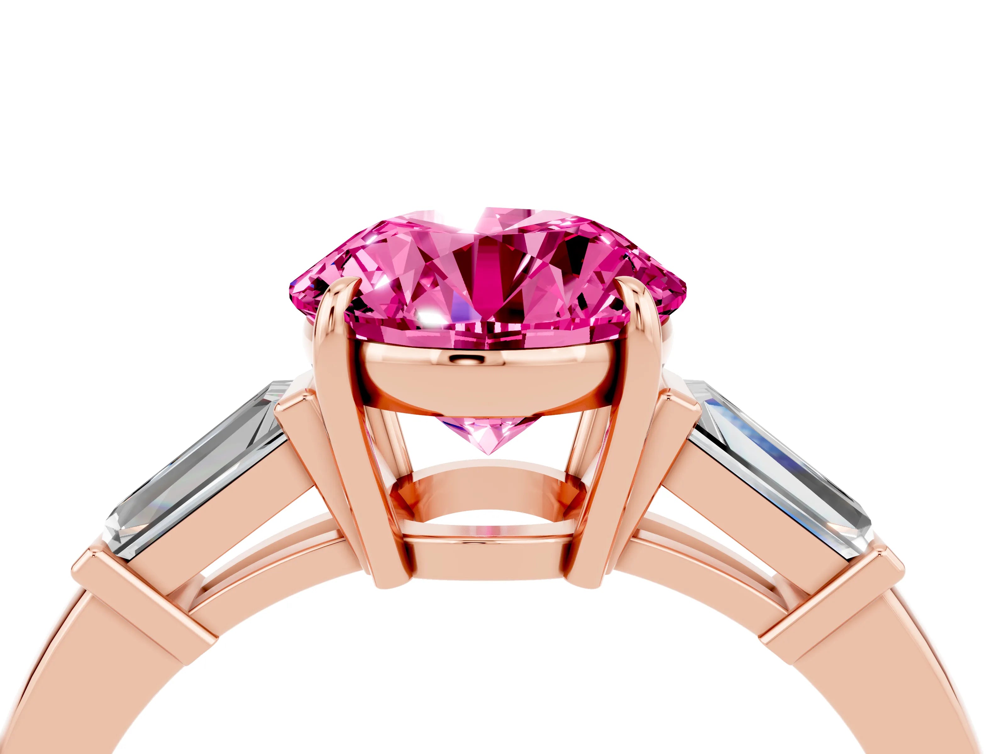 Rose gold Round Cut Cut Diamond Ring with Tapered Baguette Side Stones in Four-Prong Setting_4