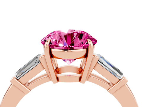 Rose gold Round Cut Cut Diamond Ring with Tapered Baguette Side Stones in Four-Prong Setting_4