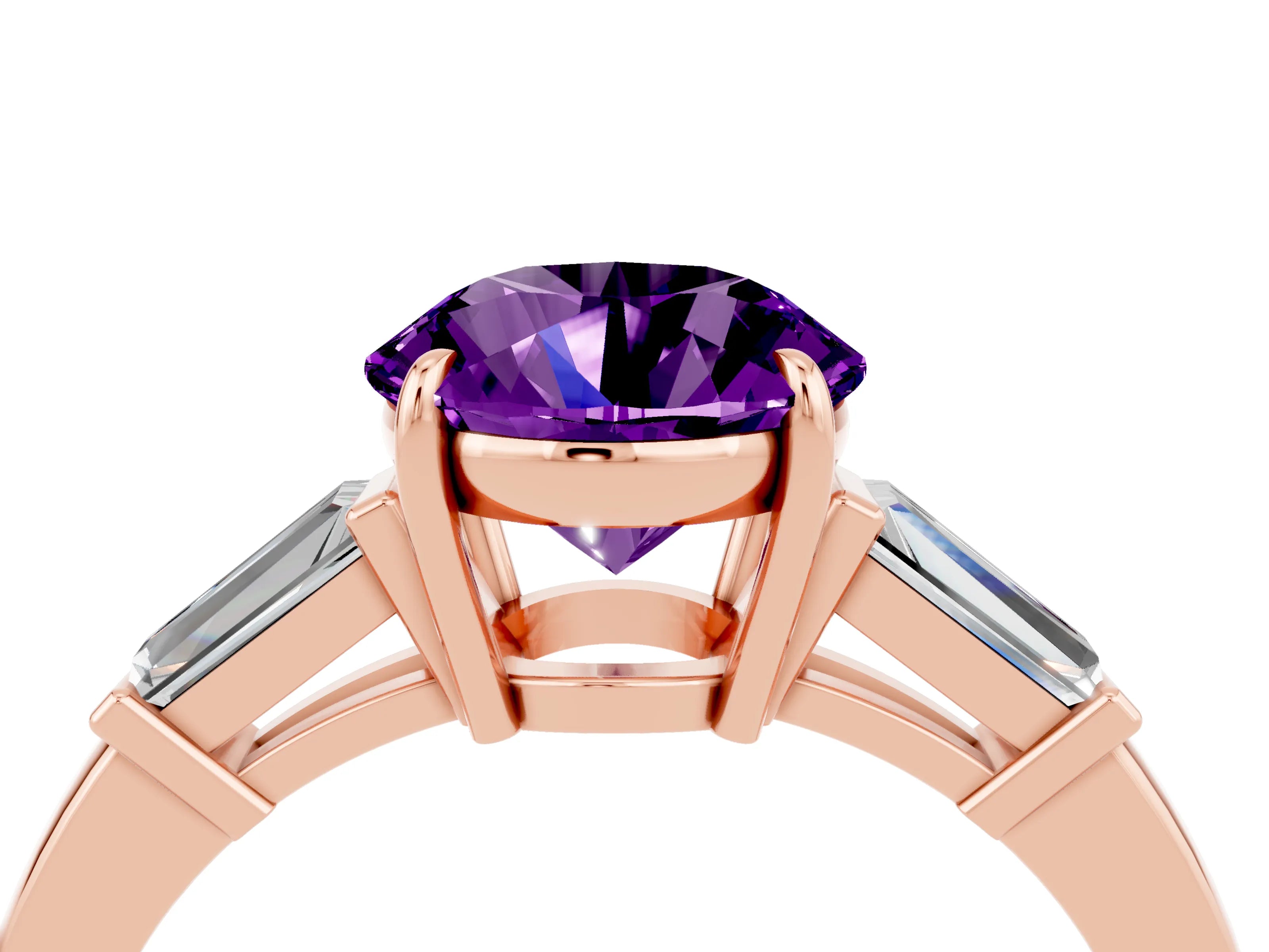 Rose gold Round Cut Cut Diamond Ring with Tapered Baguette Side Stones in Four-Prong Setting_4