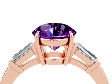 Rose gold Round Cut Cut Diamond Ring with Tapered Baguette Side Stones in Four-Prong Setting_4