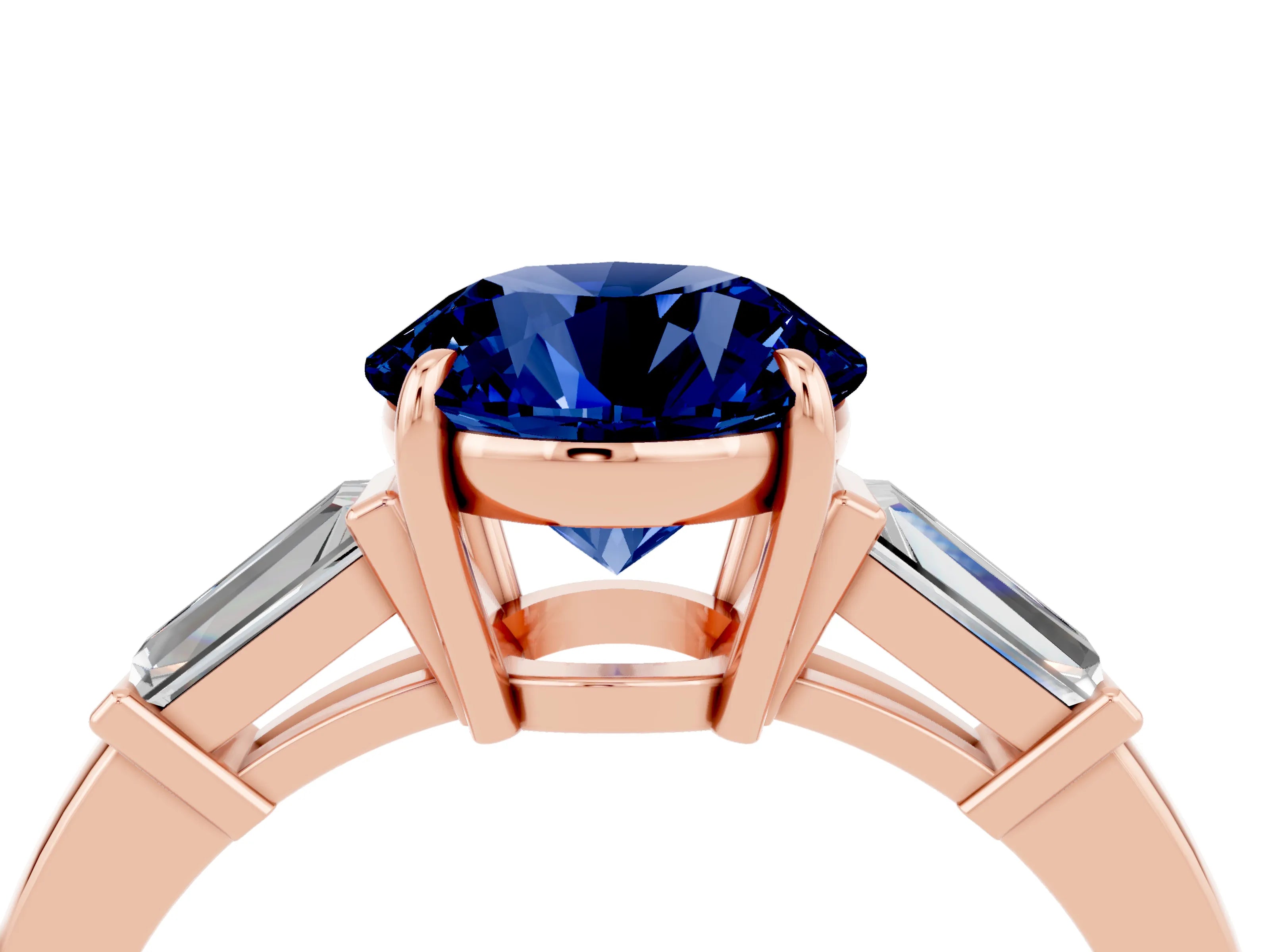 Rose gold Round Cut Cut Diamond Ring with Tapered Baguette Side Stones in Four-Prong Setting_4