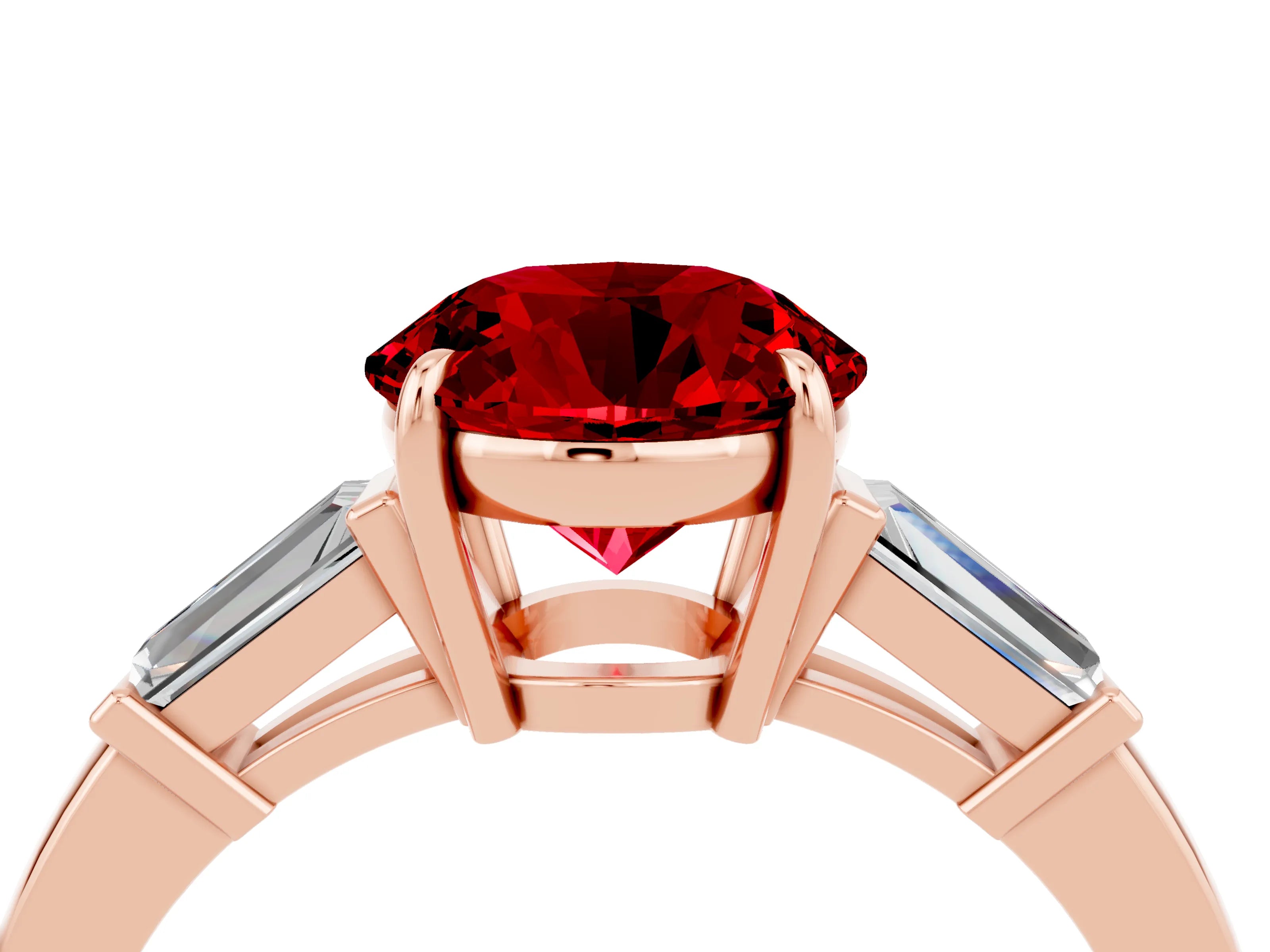 Rose gold Round Cut Cut Diamond Ring with Tapered Baguette Side Stones in Four-Prong Setting_4