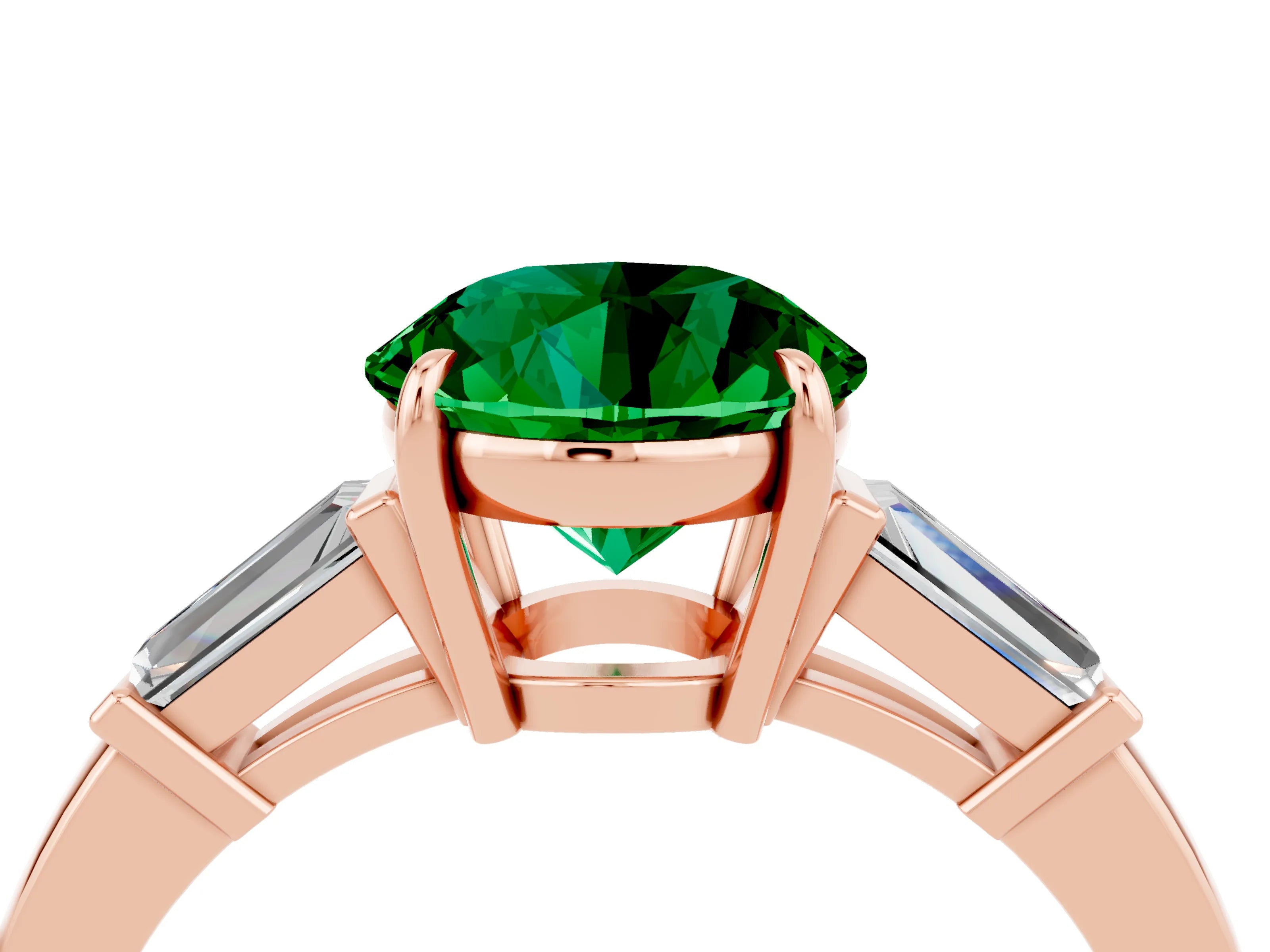 Rose gold Round Cut Cut Diamond Ring with Tapered Baguette Side Stones in Four-Prong Setting_4
