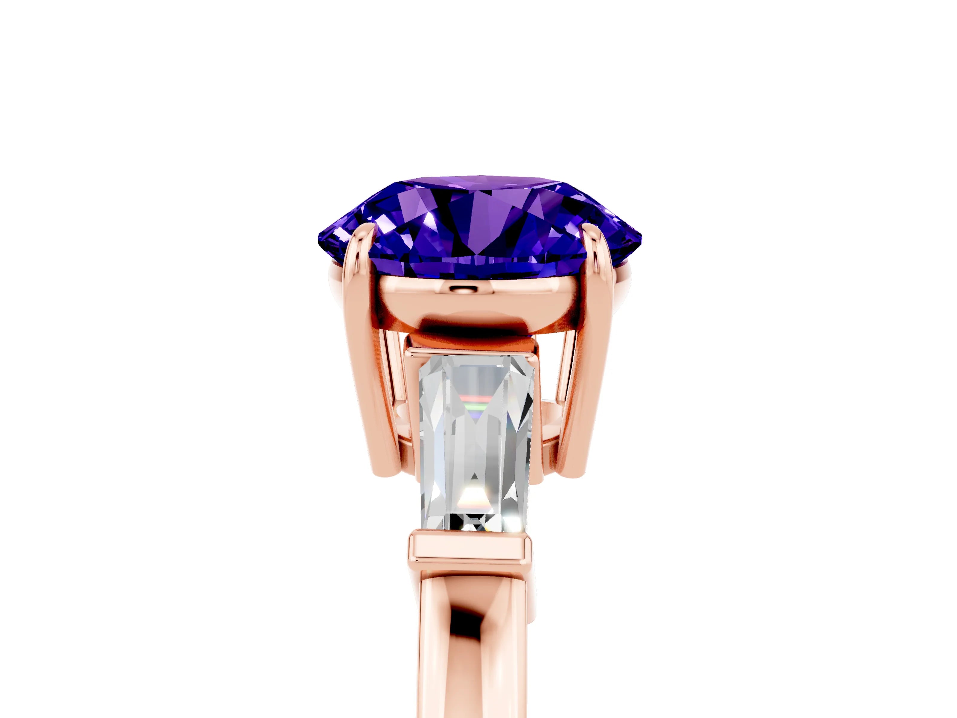 Rose gold Round Cut Cut Diamond Ring with Tapered Baguette Side Stones in Four-Prong Setting_5