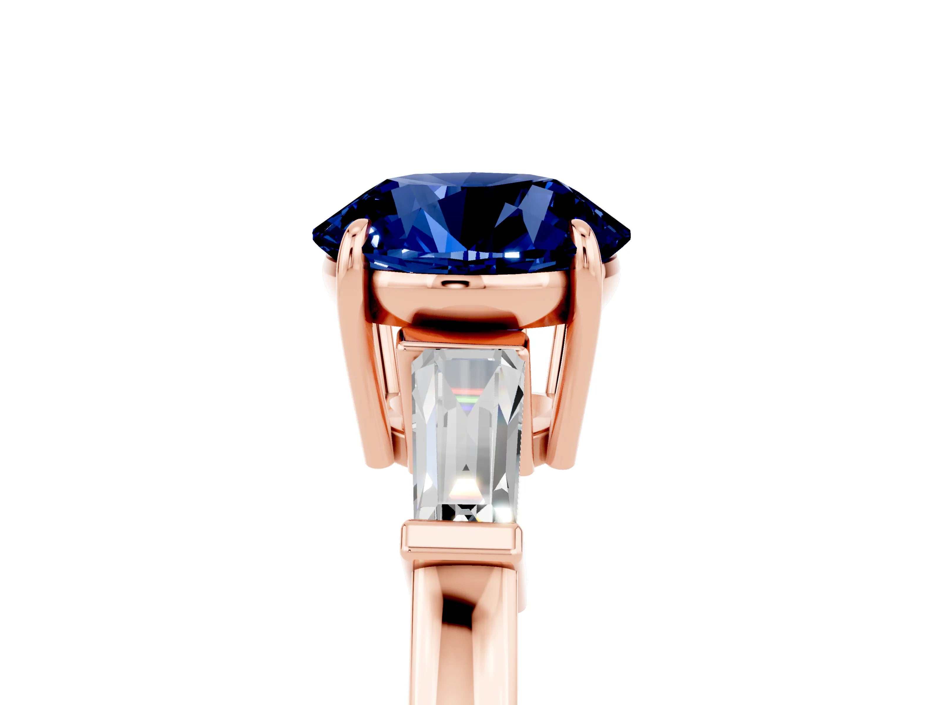 Rose gold Round Cut Cut Diamond Ring with Tapered Baguette Side Stones in Four-Prong Setting_5
