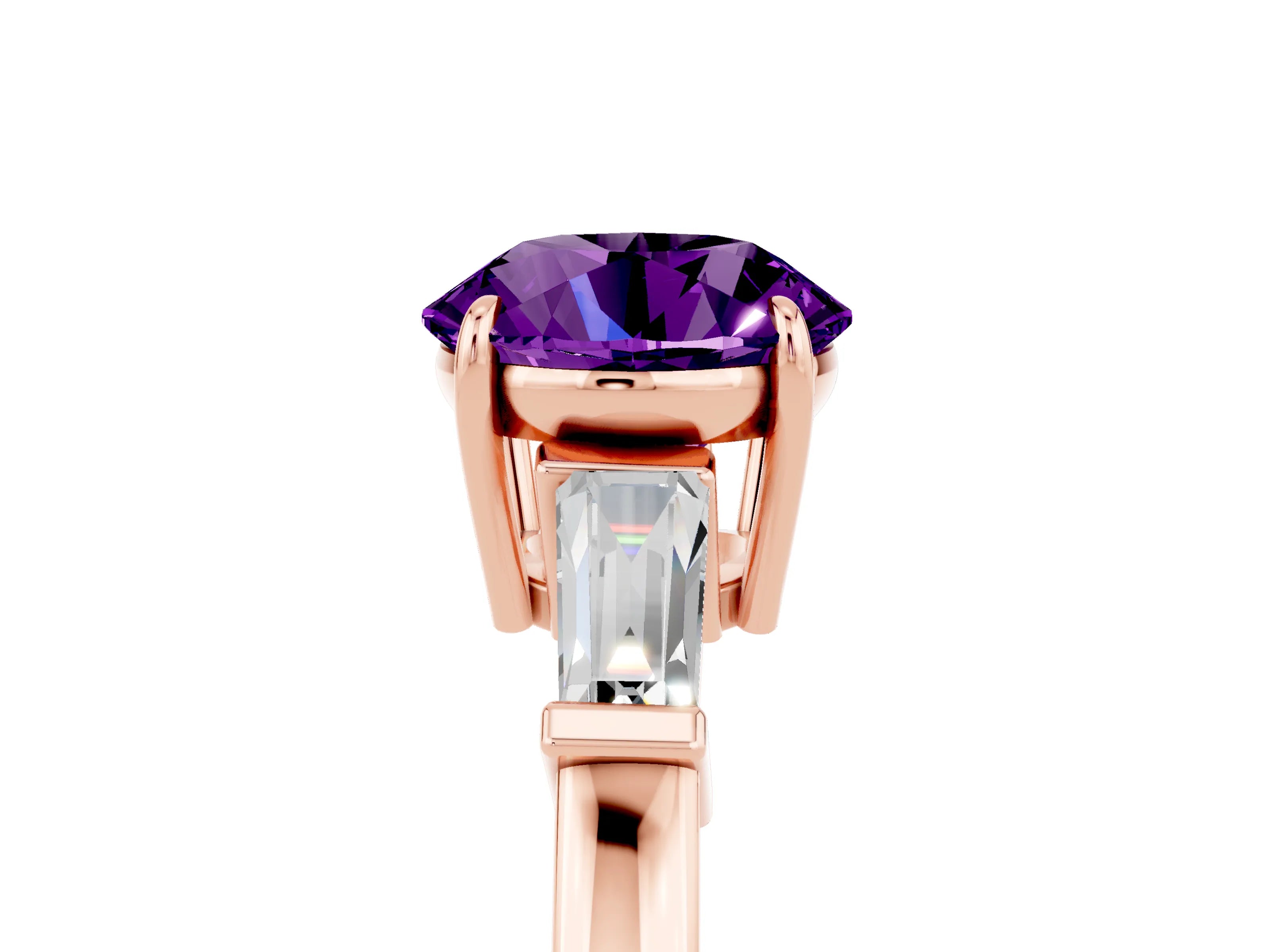 Rose gold Round Cut Cut Diamond Ring with Tapered Baguette Side Stones in Four-Prong Setting_5