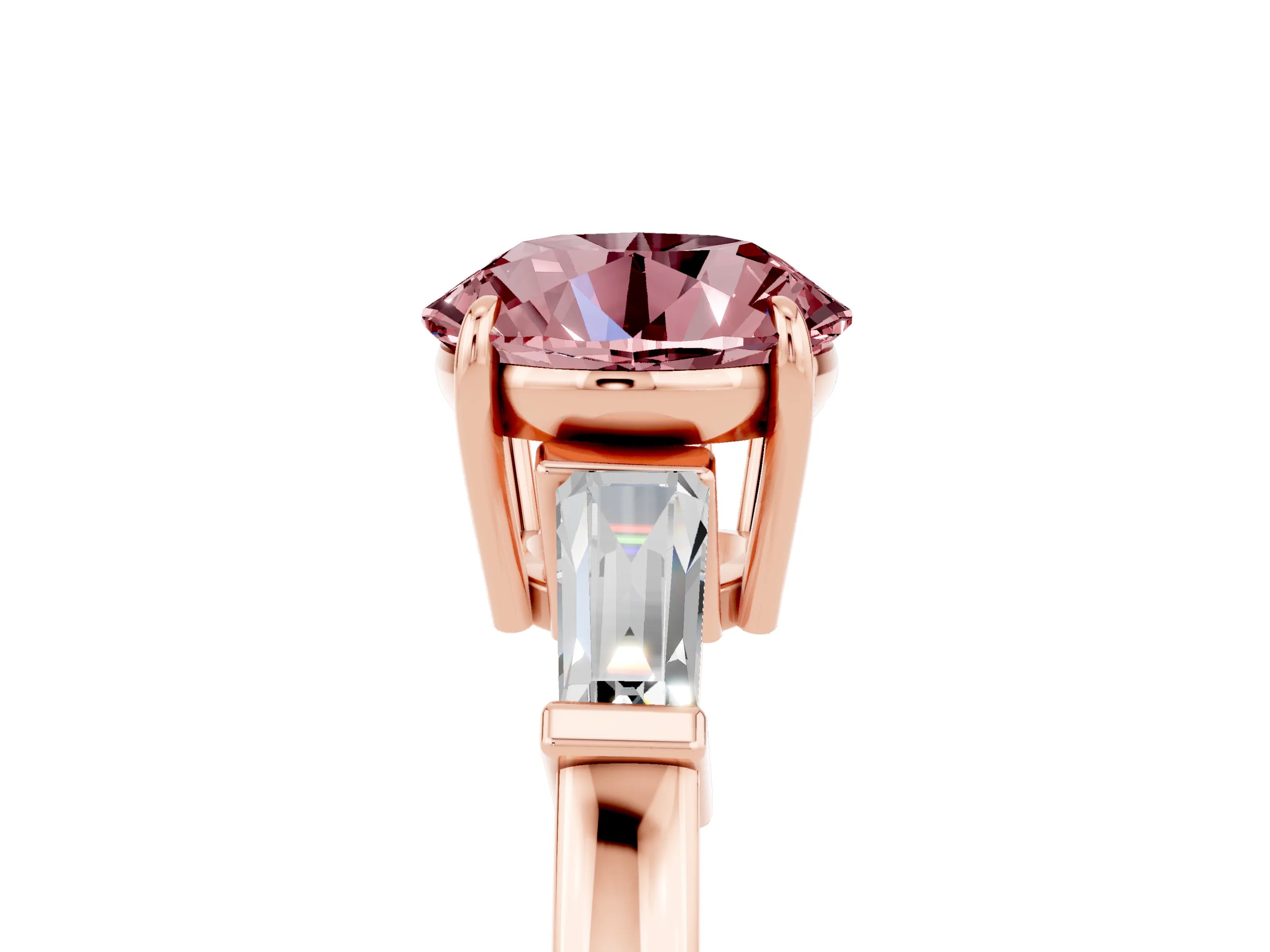 Rose gold Round Cut Cut Diamond Ring with Tapered Baguette Side Stones in Four-Prong Setting_5