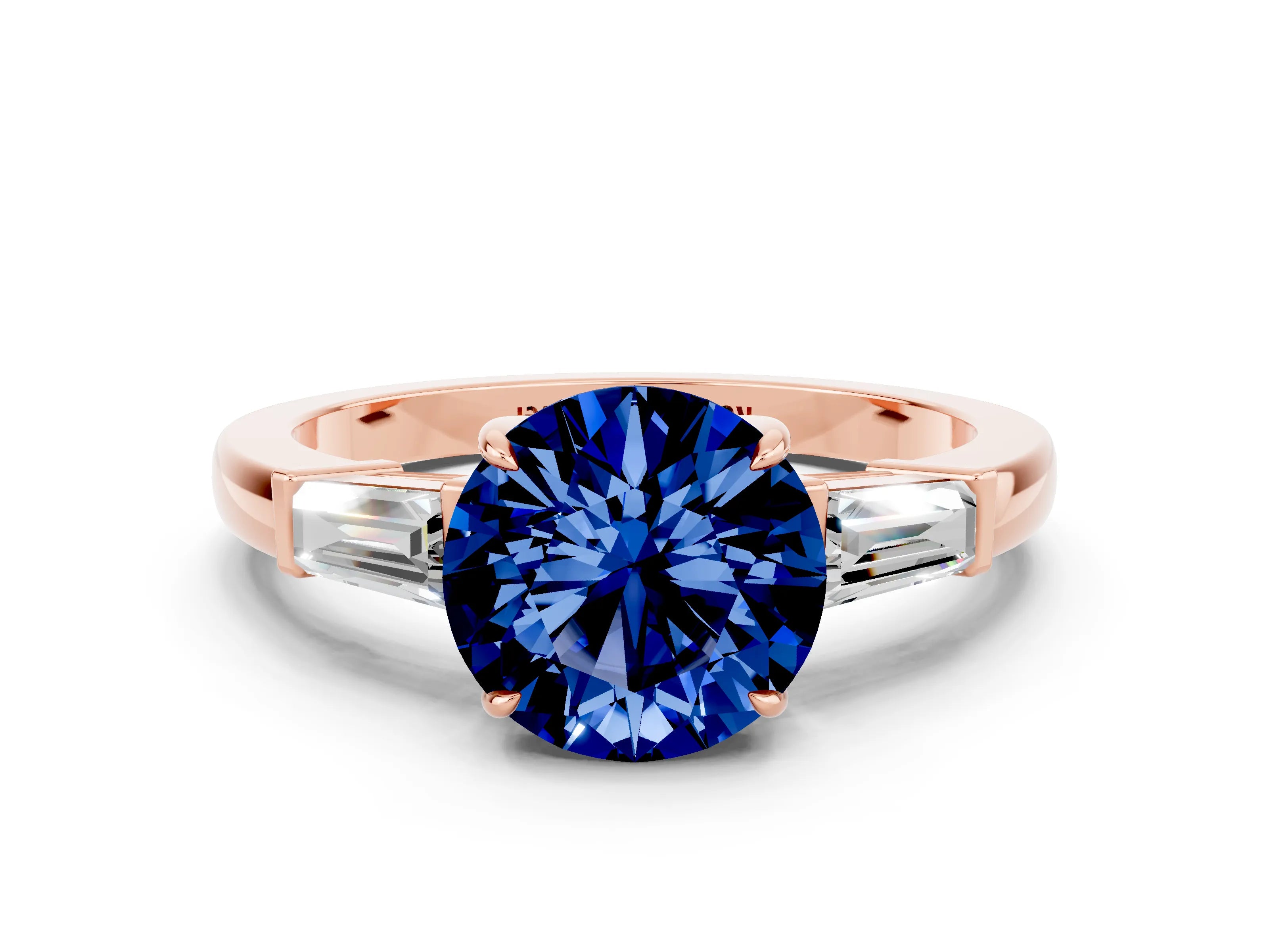 Rose gold Round Cut Cut Diamond Ring with Tapered Baguette Side Stones in Four-Prong Setting