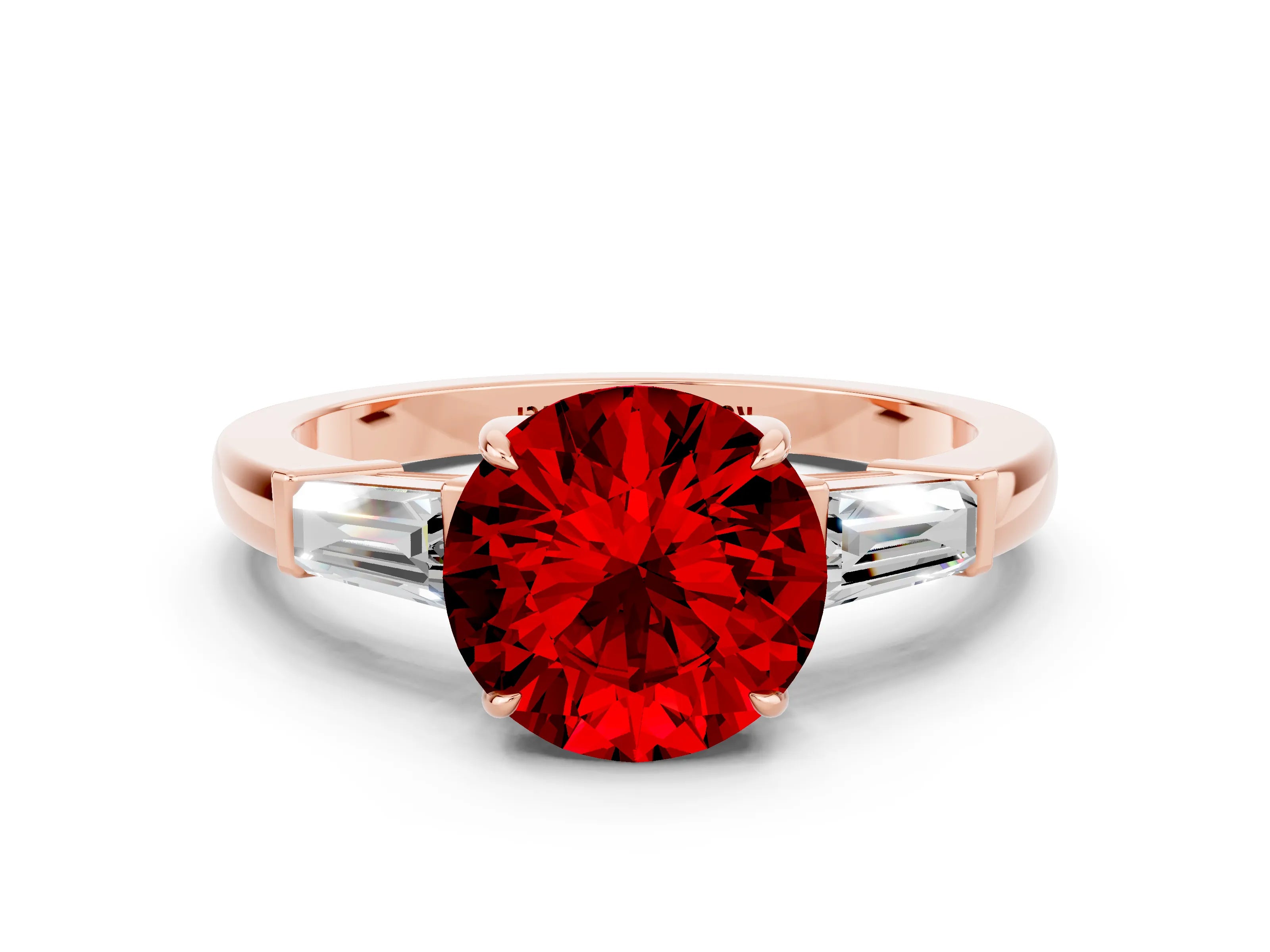 Rose gold Round Cut Cut Diamond Ring with Tapered Baguette Side Stones in Four-Prong Setting