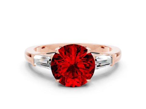 Rose gold Round Cut Cut Diamond Ring with Tapered Baguette Side Stones in Four-Prong Setting