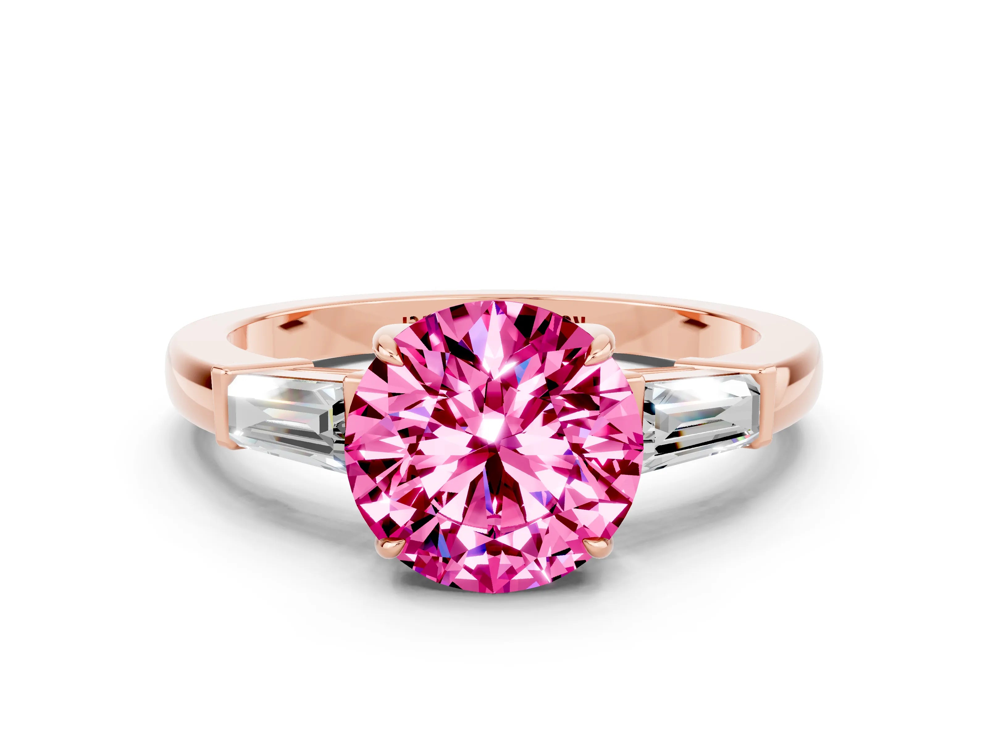 Rose gold Round Cut Cut Diamond Ring with Tapered Baguette Side Stones in Four-Prong Setting