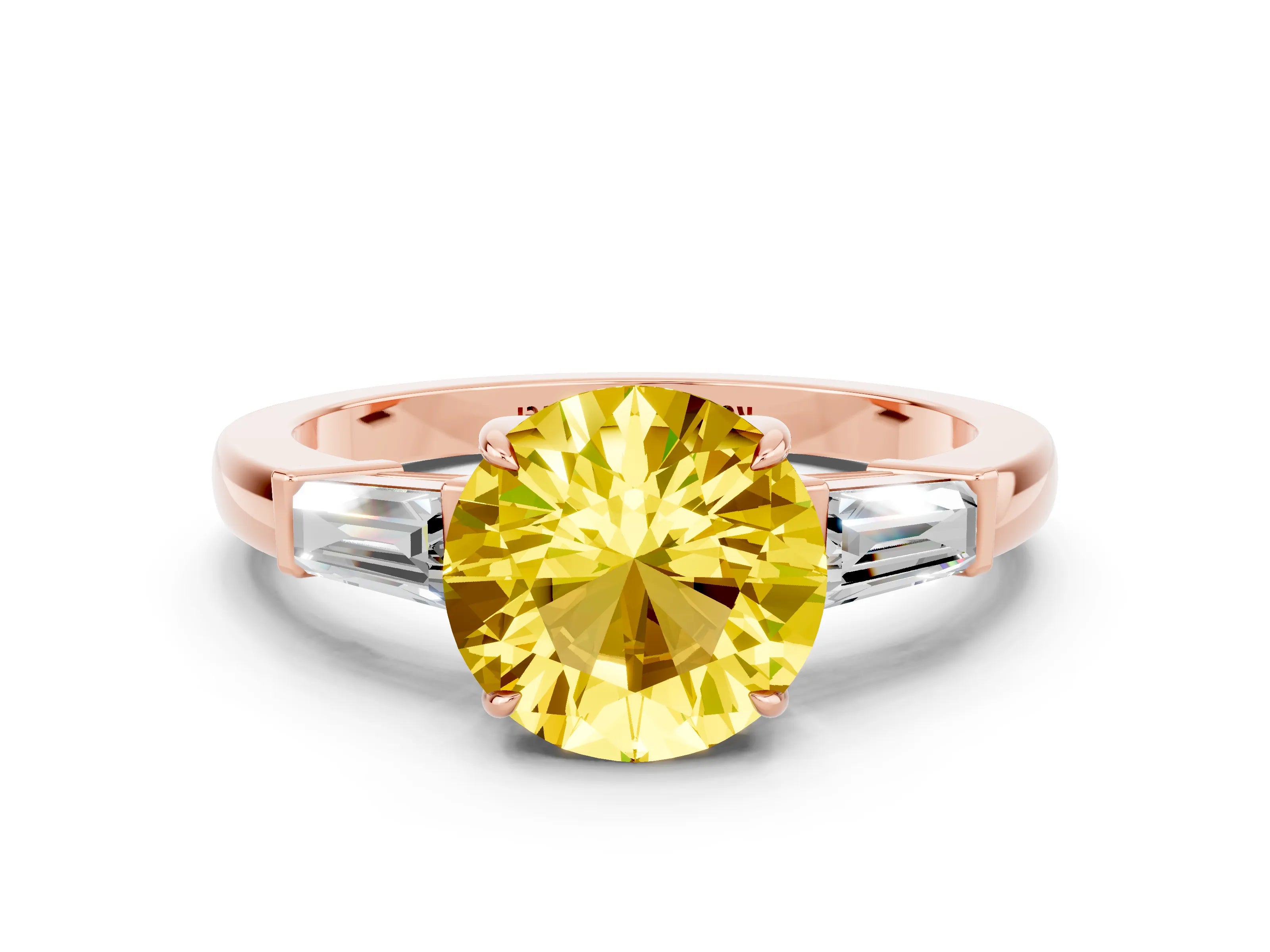 Rose gold Round Cut Cut Diamond Ring with Tapered Baguette Side Stones in Four-Prong Setting