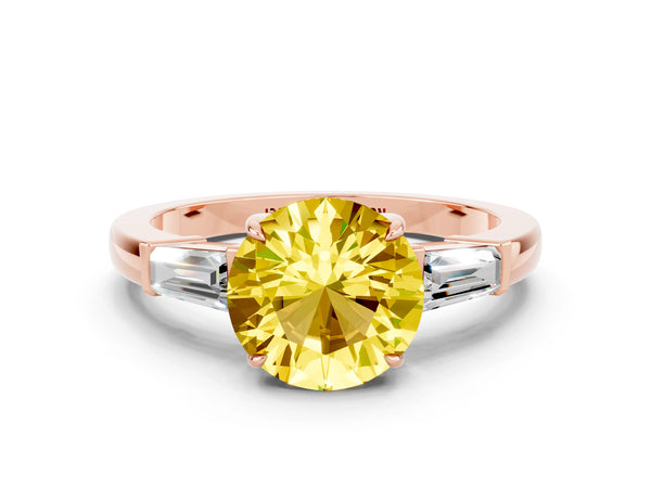 Rose gold Round Cut Yellow Sapphire Three-Stone Ring with Tapered Baguette Side Stones and Prong Setting