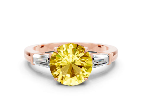 Rose gold Round Cut Cut Diamond Ring with Tapered Baguette Side Stones in Four-Prong Setting