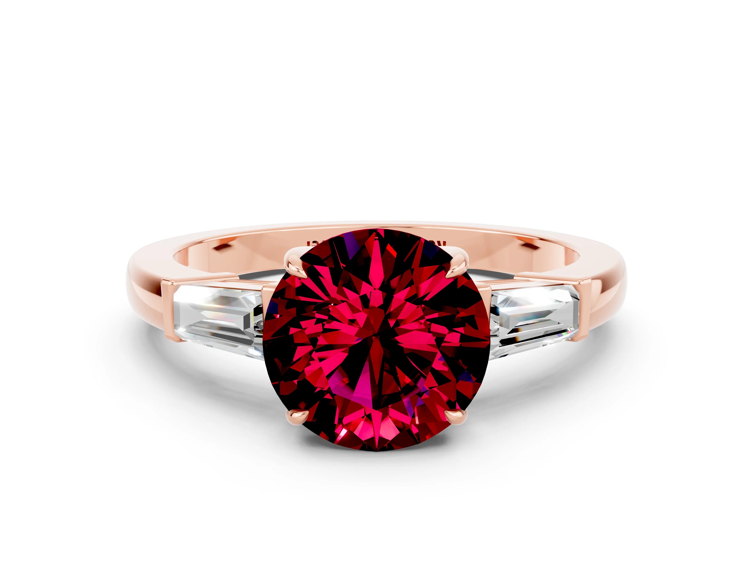 Rose gold Round Cut Cut Diamond Ring with Tapered Baguette Side Stones in Four-Prong Setting