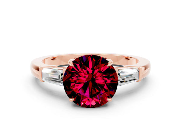 Rose gold Round Cut Garnet Three-Stone Ring with Tapered Baguette Side Stones and Prong Setting