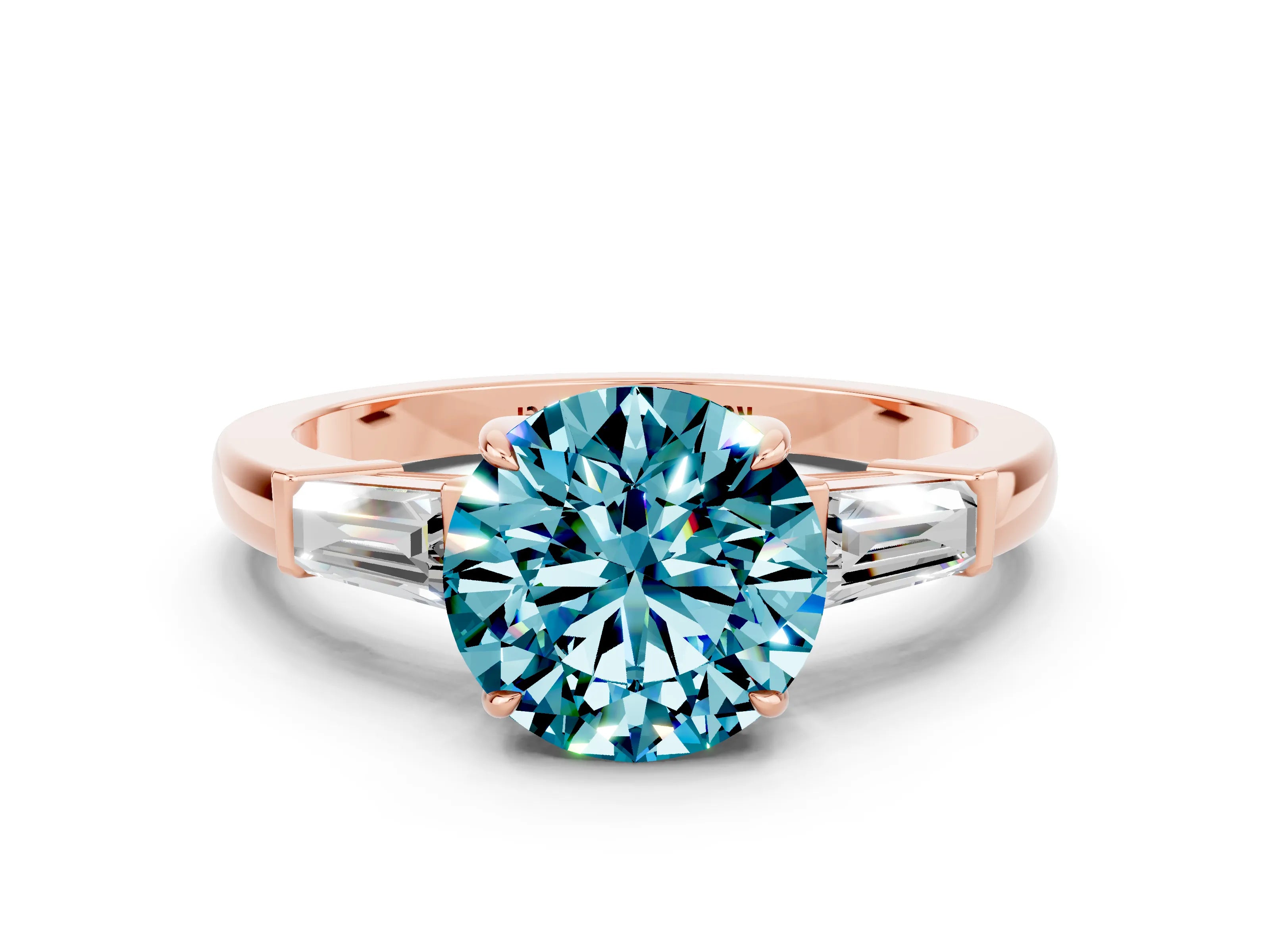Rose gold Round Cut Cut Diamond Ring with Tapered Baguette Side Stones in Four-Prong Setting