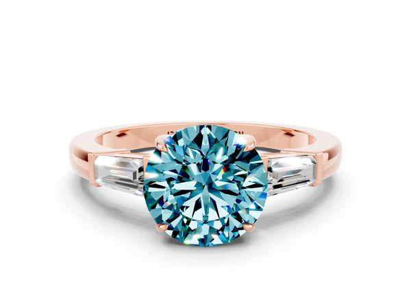 Rose gold Round Cut Cut Diamond Ring with Tapered Baguette Side Stones in Four-Prong Setting