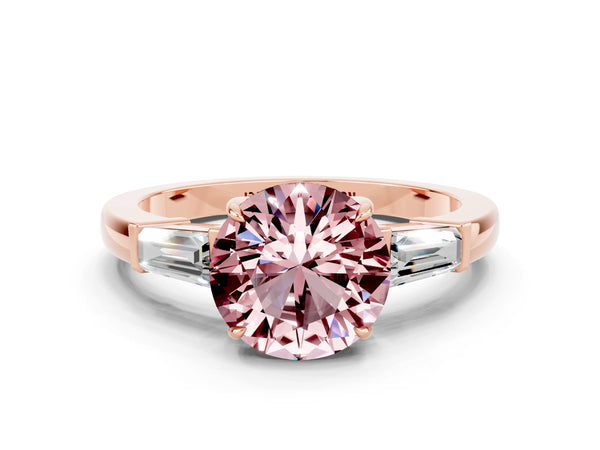 Rose gold Round Cut Cut Diamond Ring with Tapered Baguette Side Stones in Four-Prong Setting