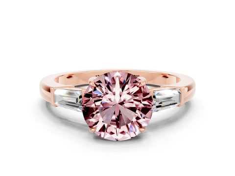 Rose gold Round Cut Cut Diamond Ring with Tapered Baguette Side Stones in Four-Prong Setting