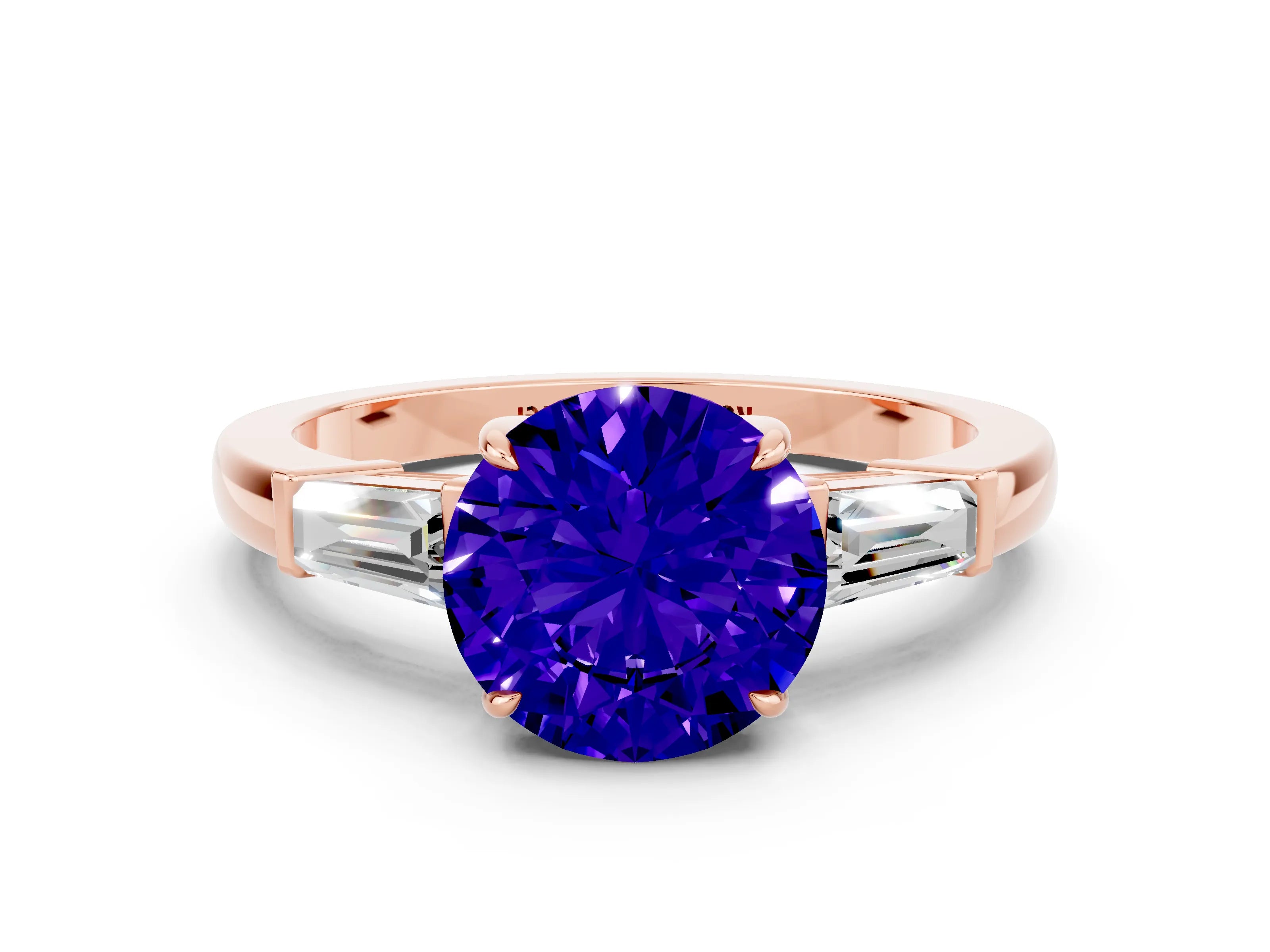 Rose gold Round Cut Cut Diamond Ring with Tapered Baguette Side Stones in Four-Prong Setting
