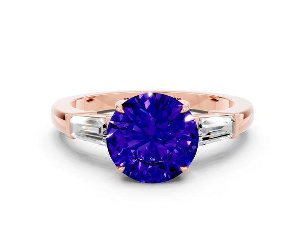 Rose gold Round Cut Tanzanite Three-Stone Ring with Tapered Baguette Side Stones and Prong Setting