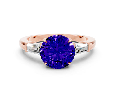 Rose gold Round Cut Cut Diamond Ring with Tapered Baguette Side Stones in Four-Prong Setting