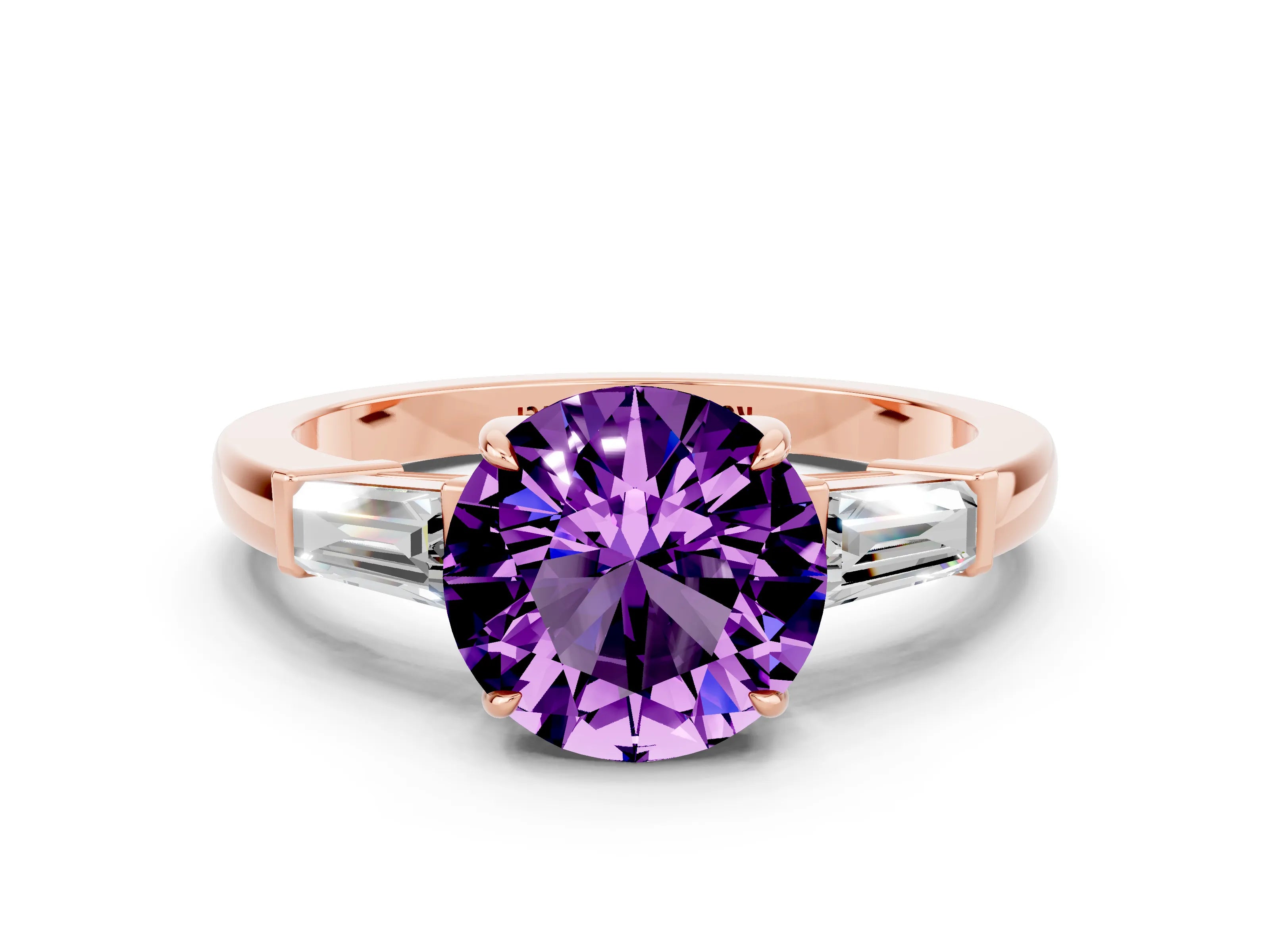 Rose gold Round Cut Cut Diamond Ring with Tapered Baguette Side Stones in Four-Prong Setting