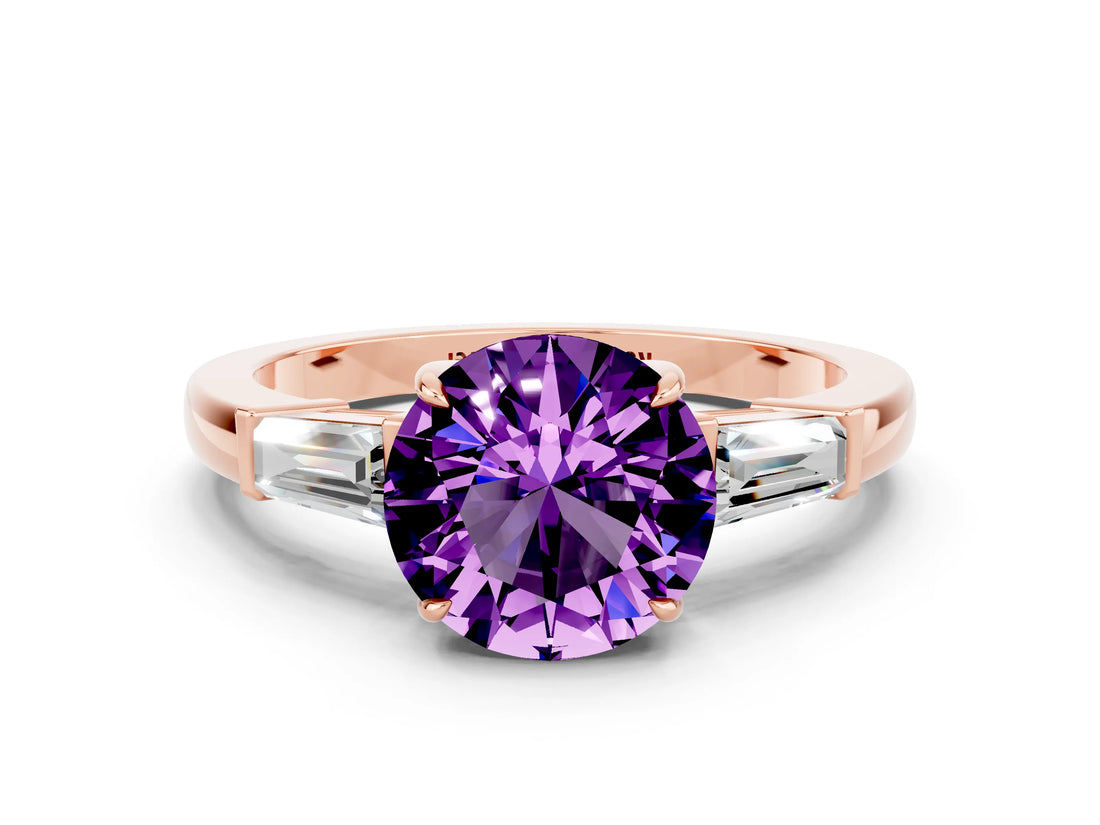 Rose gold Round Cut Cut Diamond Ring with Tapered Baguette Side Stones in Four-Prong Setting