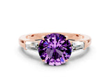 Rose gold Round Cut Cut Diamond Ring with Tapered Baguette Side Stones in Four-Prong Setting