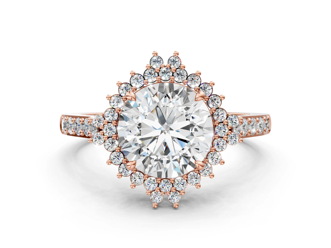 Rose gold Round Cut Cut Diamond Sunburst Halo Engagement Ring with Pavé Band_3
