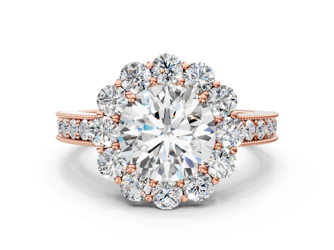 Rose gold Round Cut Cut Halo Diamond Pavé Engagement Ring with Milgrain Detailing_3