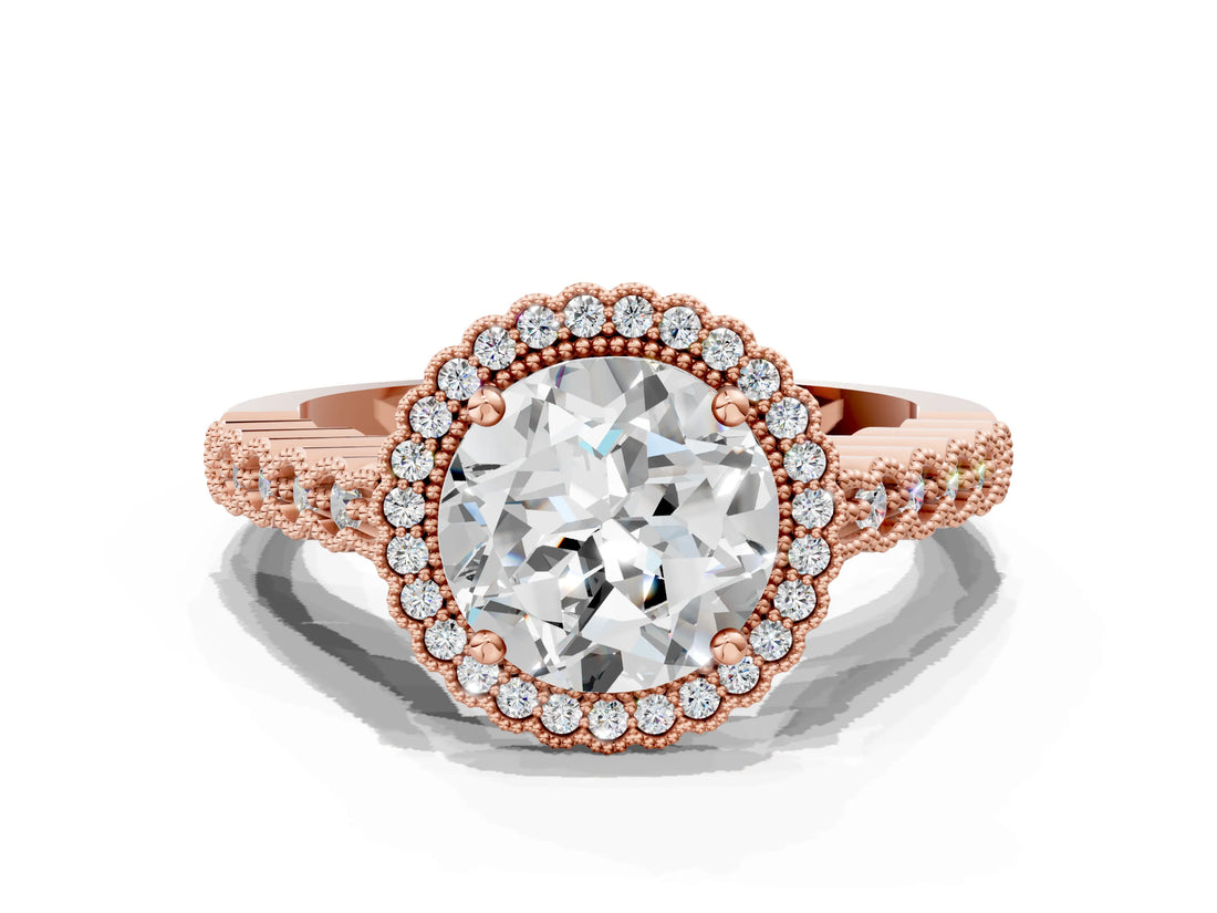 Rose gold Round Cut Cut Halo Pavé Solitaire Ring with Milgrain Band_3