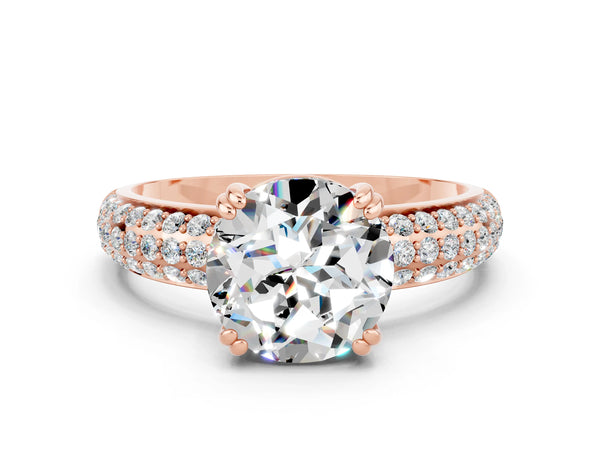 Rose gold Round Cut Moissanite Solitaire Ring with Multi-Row Round Pavé Band and Prong Setting