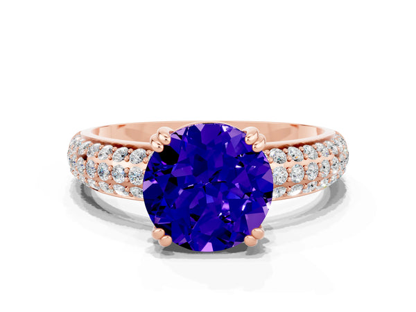 Rose gold Round Cut Tanzanite Solitaire Ring with Multi-Row Round Pavé Band and Prong Setting