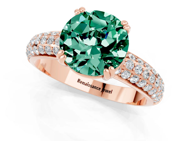 Rose gold Round Cut Green Sapphire Solitaire Ring with Multi-Row Round Pavé Band and Prong Setting