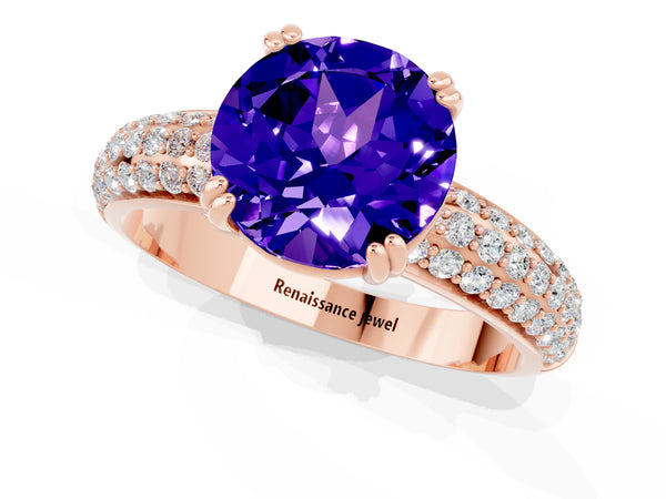 Rose gold Round Cut Tanzanite Solitaire Ring with Multi-Row Round Pavé Band and Prong Setting