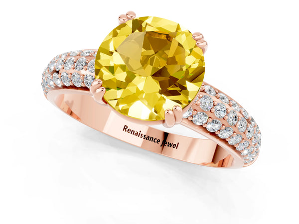 Rose gold Round Cut Yellow Sapphire Solitaire Ring with Multi-Row Round Pavé Band and Prong Setting