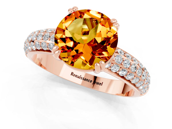 Rose gold Round Cut Citrine Solitaire Ring with Multi-Row Round Pavé Band and Prong Setting