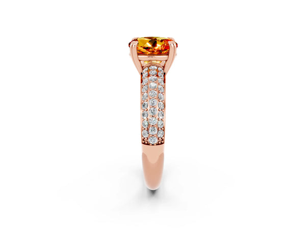Rose gold Round Cut Citrine Solitaire Ring with Multi-Row Round Pavé Band and Prong Setting