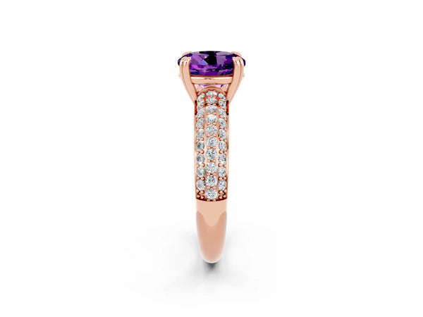 Rose gold Round Cut Amethyst Solitaire Ring with Multi-Row Round Pavé Band and Prong Setting